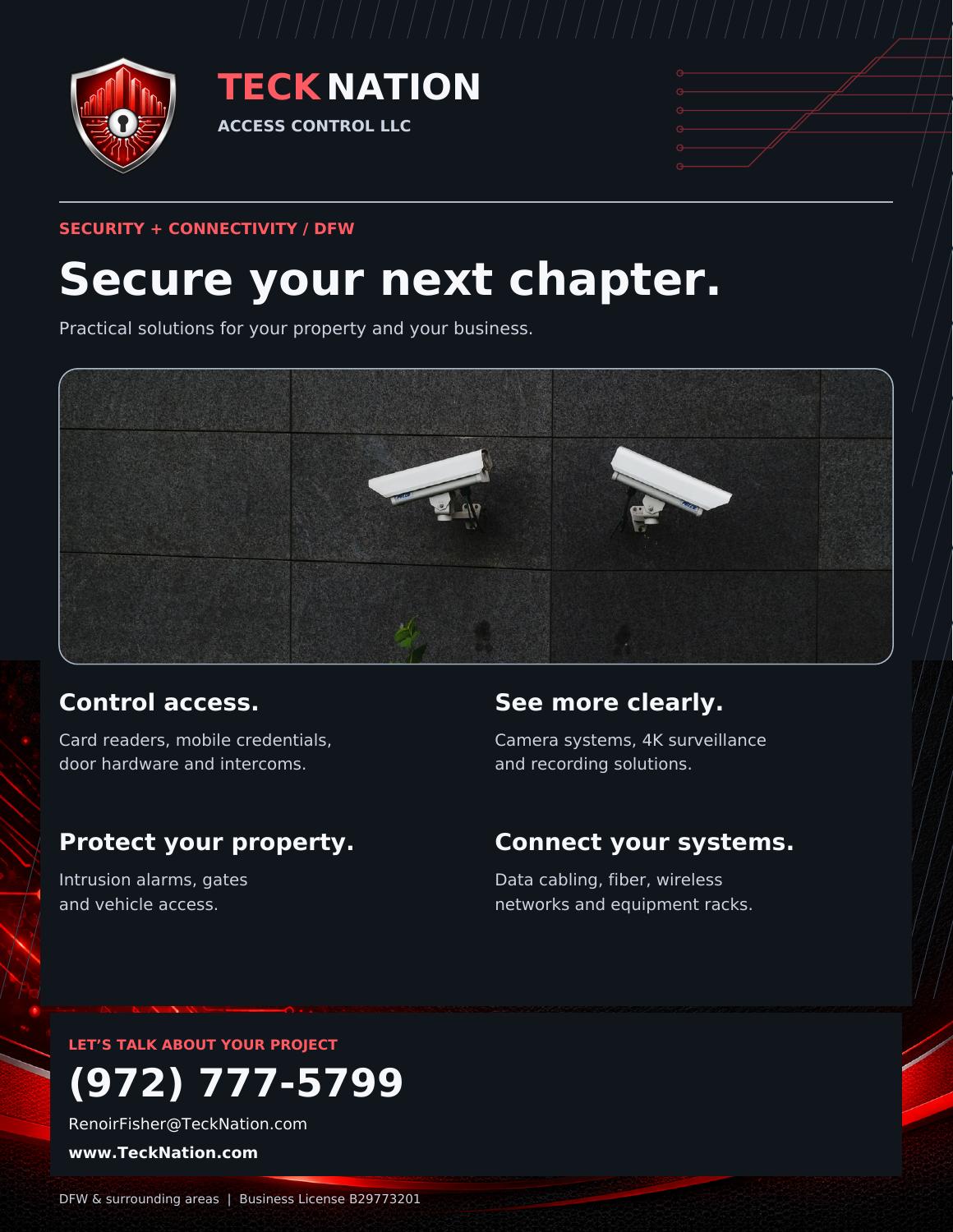 TeckNation company flyer: access control, video surveillance, intercoms, electric locks and system integration for DFW properties. Office (972) 777-5799.